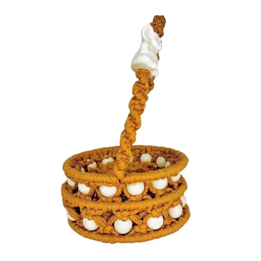VTG 60s 70s MCM Gold Macrame Porcelain Elephant & Wood Beads Easter Basket 14